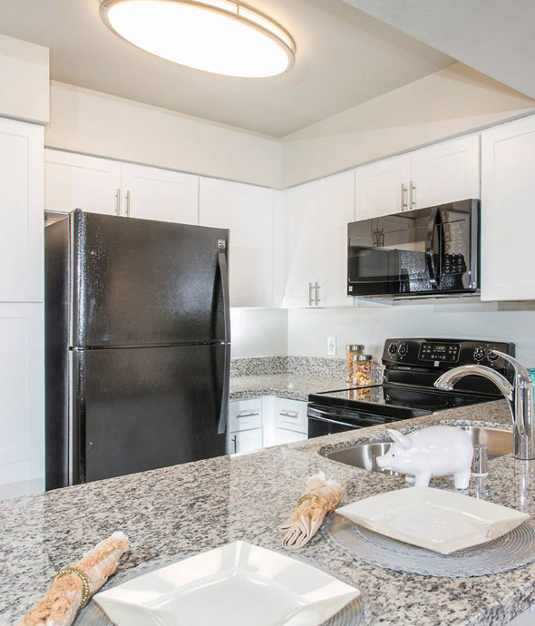 modern kitchen with black updated appliances with luxury granite countertops