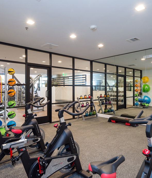 large fitness room with workout bikes in a row and a wall of mirrors facing them yoga mats and weights aligned along the wall