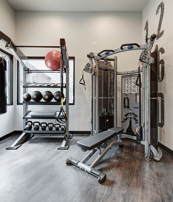 fitness room with weight lifting machine and a metal rack holding organized weighted medicine balls and dumb bells