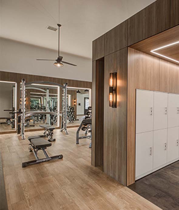 Community amenities image featuring fitness center with lockers