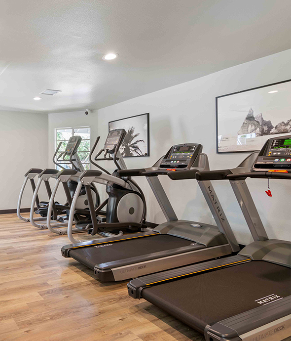 IMT Sorrento Valley - Fitness center with artwork, window, cardio and strength equipment