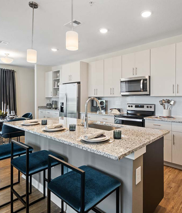 Kitchen with wood floor, white cabinets, stone counters, and stainless steel appliances.
