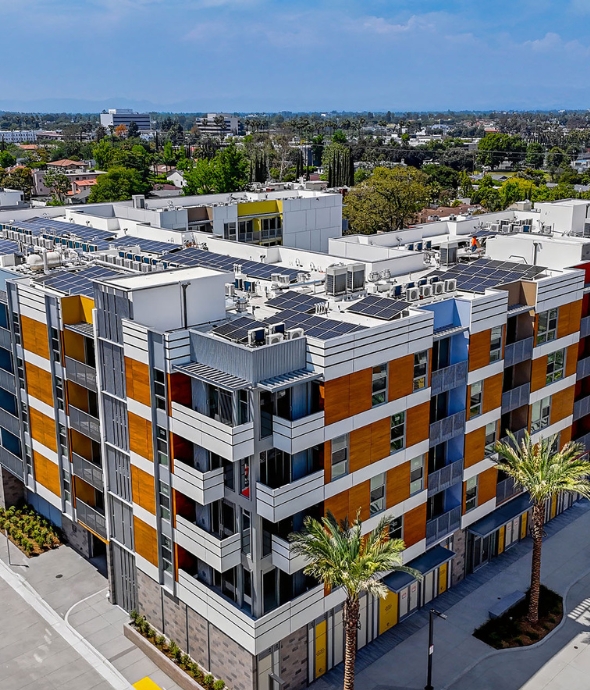 Rooftop solar panels powering Citrus Commons sustainable apartments in Sherman Oaks, San Fernando Valley, Los Angeles, California.