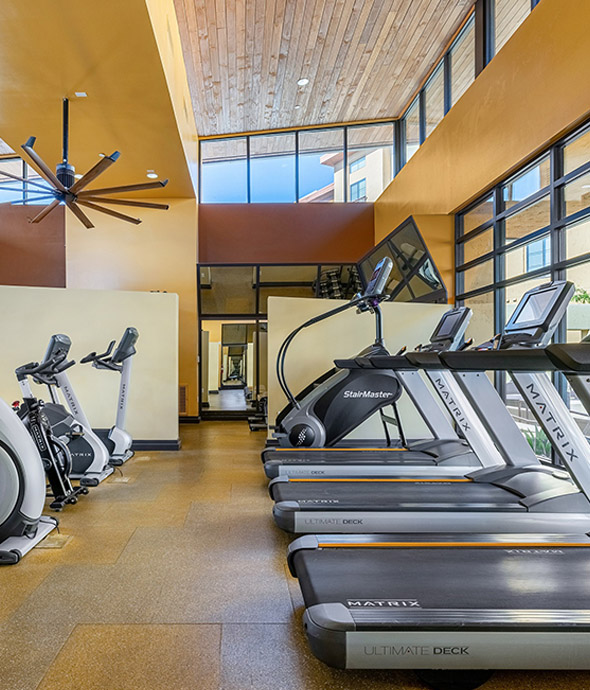 Fitness center with cardio machines, ceiling fans, and large windows.