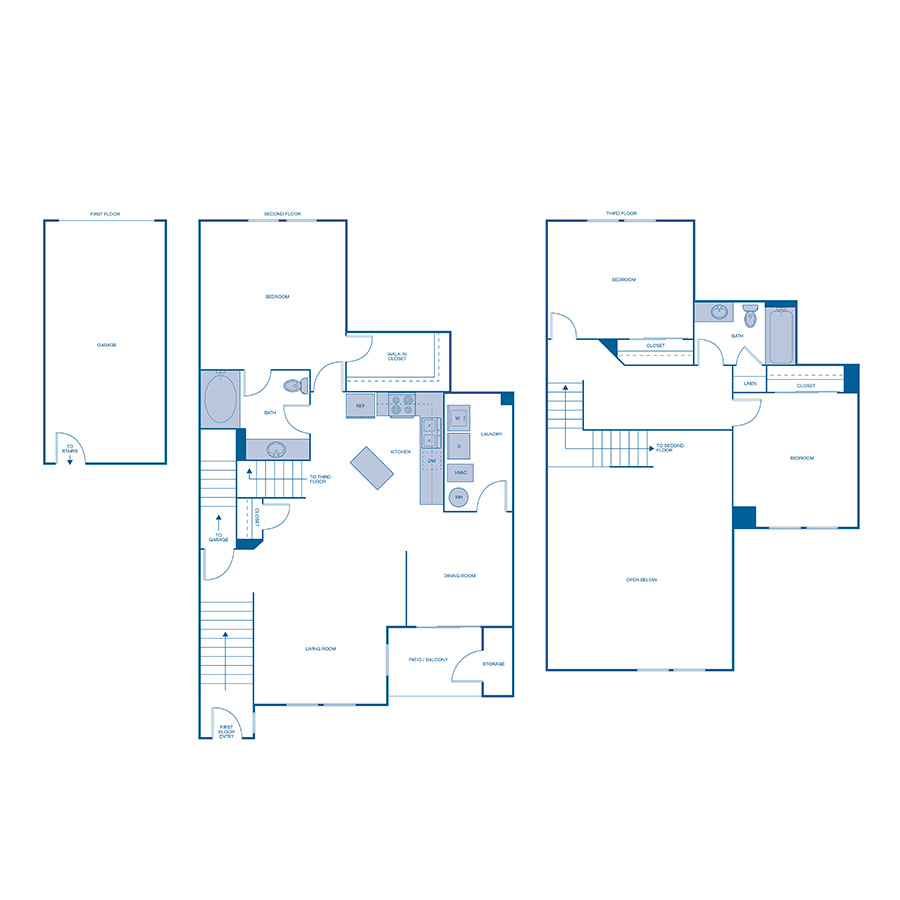 Rendering of the C1 floor plan with 3 bedroom[s] and 2 bathroom[s] at IMT Dayton Station