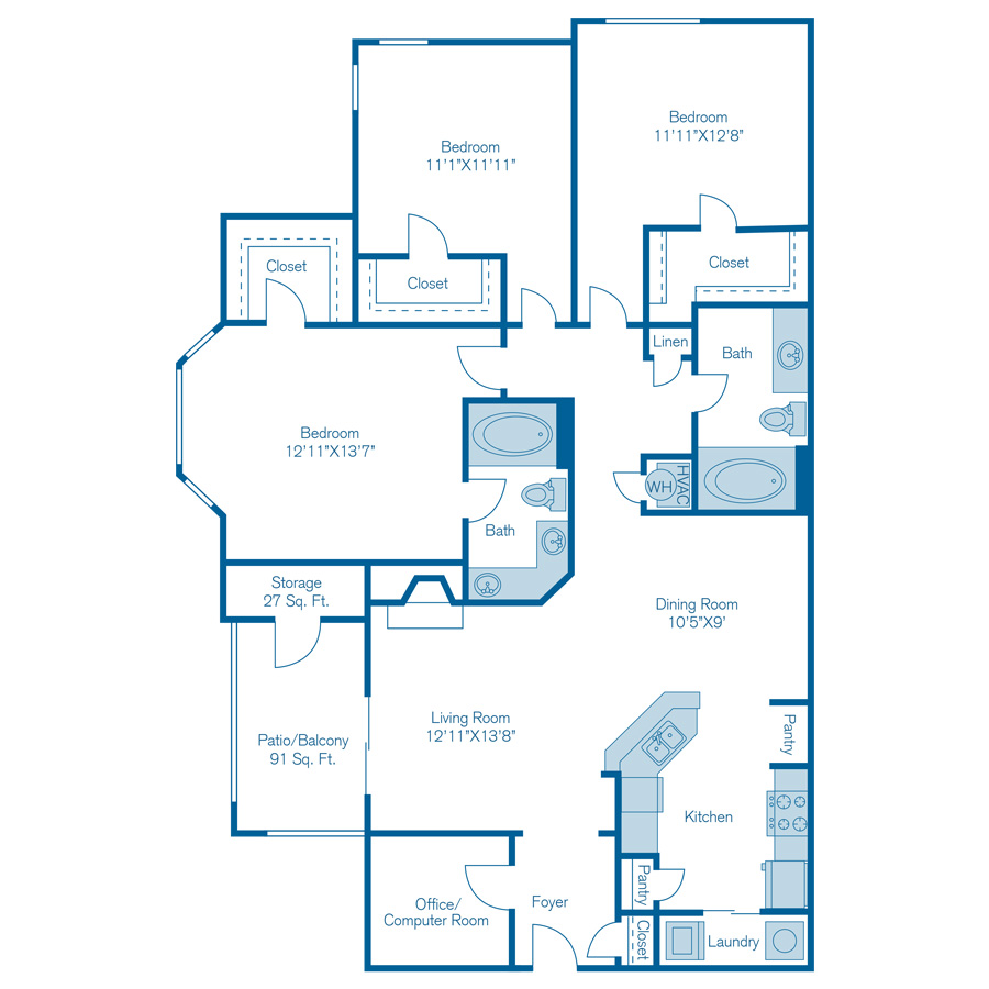 Rendering of the C1UPGRADE floor plan with 3 bedroom[s] and 2 bathroom[s] at IMT Deerfield