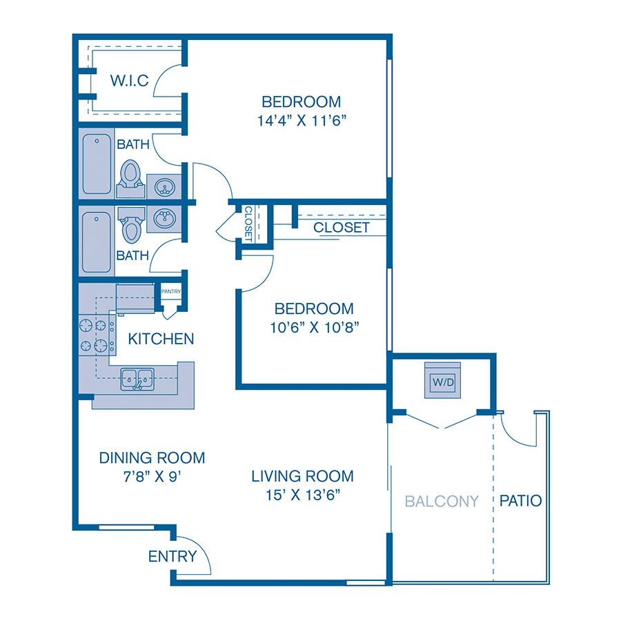 Rendering of the B2 floor plan with 2 bedroom[s] and 2 bathroom[s] at IMT Sorrento Valley