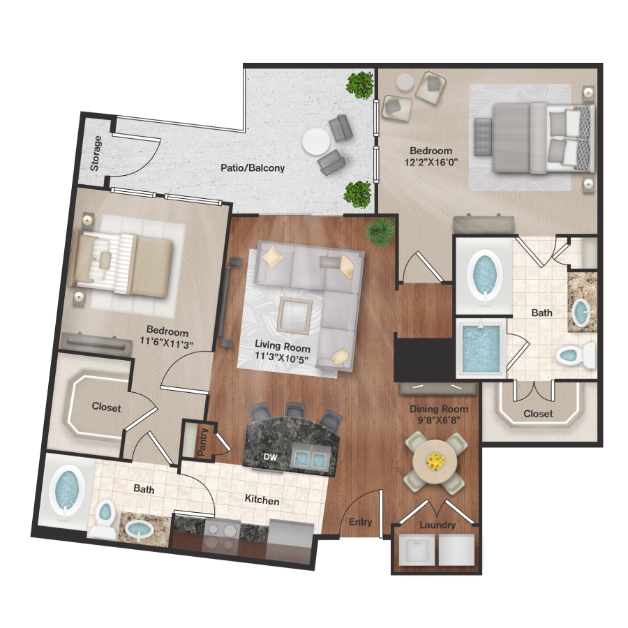 Rendering of the B1 floor plan with 2 bedroom[s] and 2 bathroom[s] at IMT Uptown Post Oak