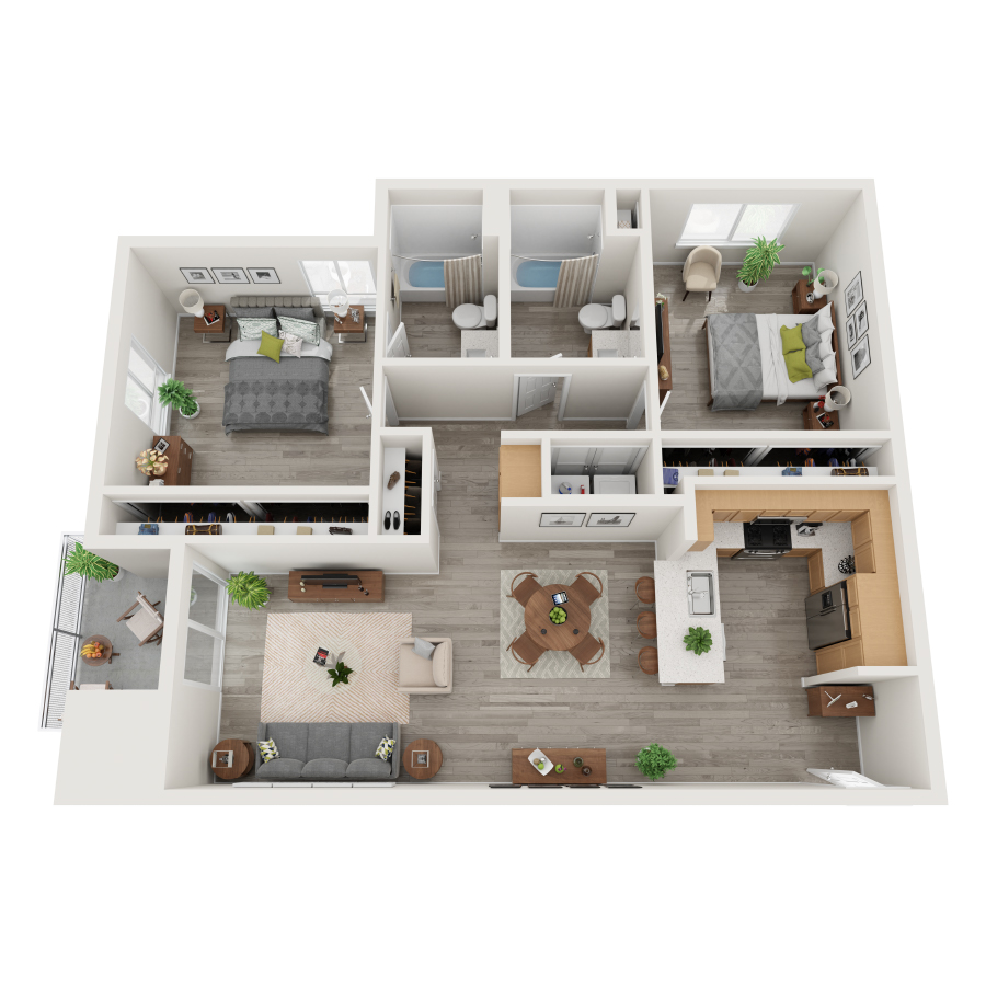 Rendering of the B2 floor plan with 2 bedroom[s] and 2 bathroom[s] at IMT 6500