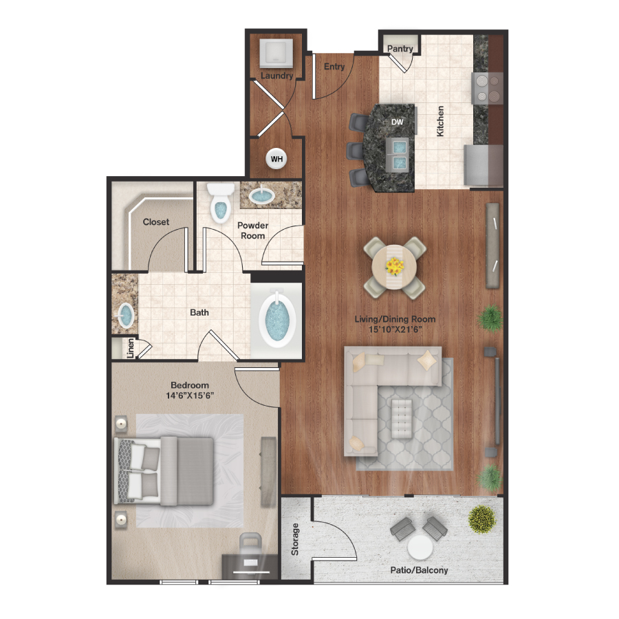 Rendering of the A6 floor plan with 1 bedroom[s] and 1 bathroom[s] at IMT Uptown Post Oak