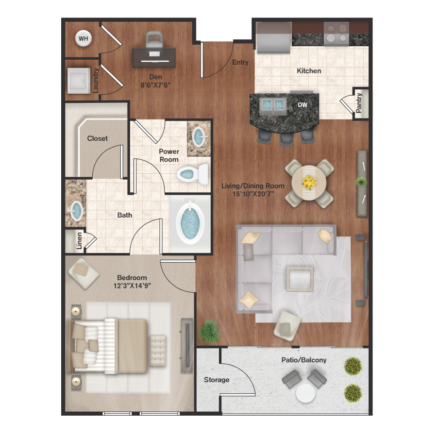 Rendering of the A7 floor plan with 1 bedroom[s] and 1 bathroom[s] at IMT Uptown Post Oak