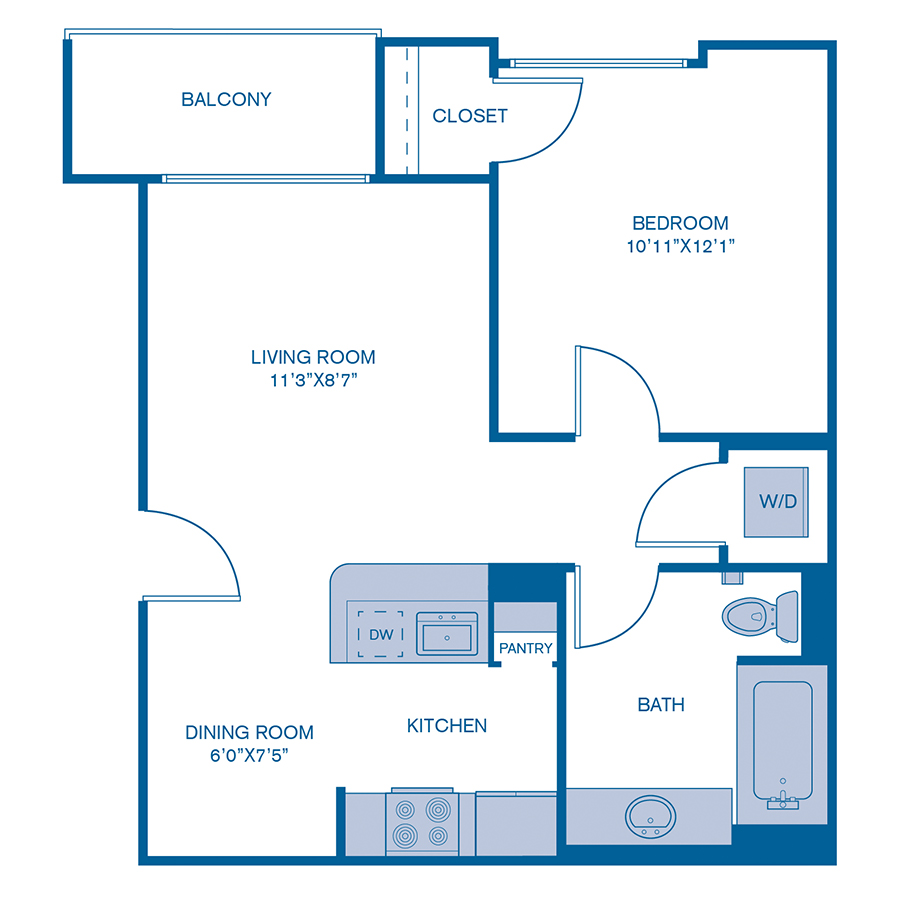 Rendering of the A2 floor plan with 1 bedroom[s] and 1 bathroom[s] at IMT 5700