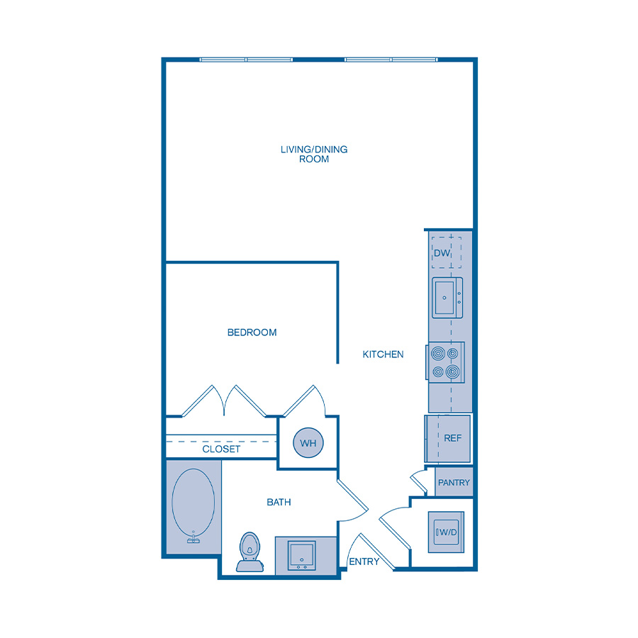 Rendering of the E1 floor plan with a Studio bedroom and 1 bathroom[s] at IMT Germantown