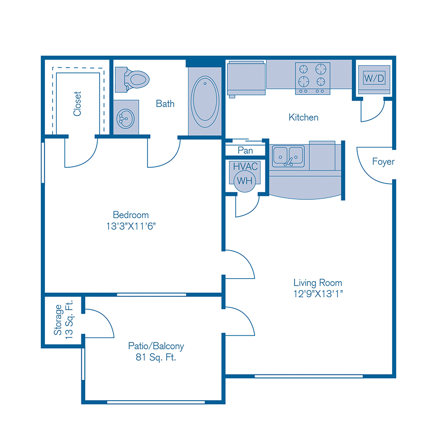 Rendering of the A1 floor plan with 1 bedroom[s] and 1 bathroom[s] at IMT Deerfield
