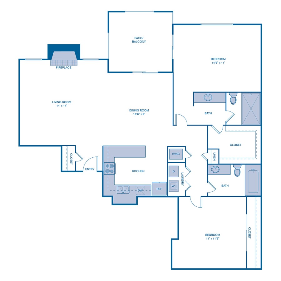 Rendering of the B3 floor plan with 2 bedroom[s] and 2 bathroom[s] at Summerset Village