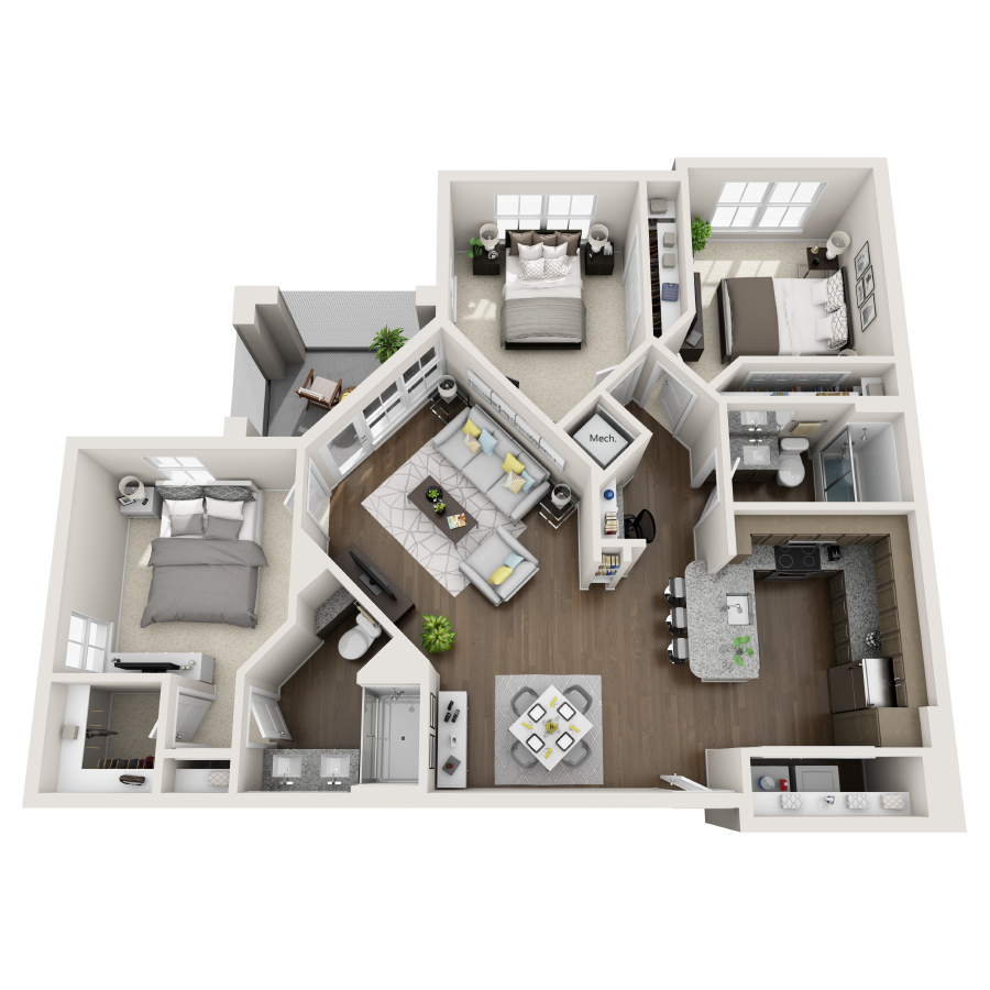 Rendering of the C1 floor plan with 3 bedroom[s] and 2 bathroom[s] at IMT Edgewater