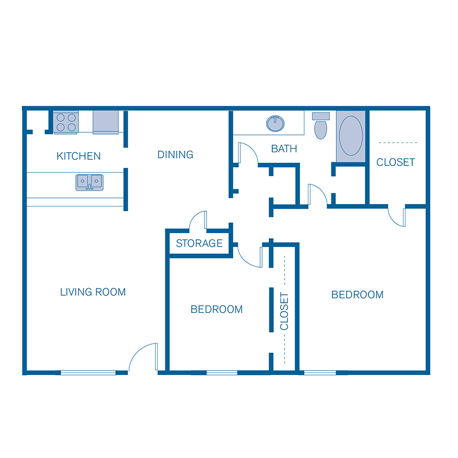 Rendering of the 2A floor plan with 2 bedroom[s] and 1 bathroom[s] at Pavilion Place (IMT)