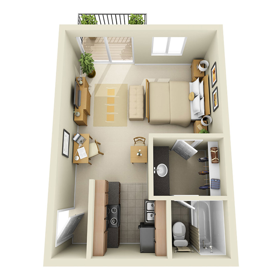 Rendering of the E2 floor plan with a Studio bedroom and 1 bathroom[s] at IMT Pleasant Hill