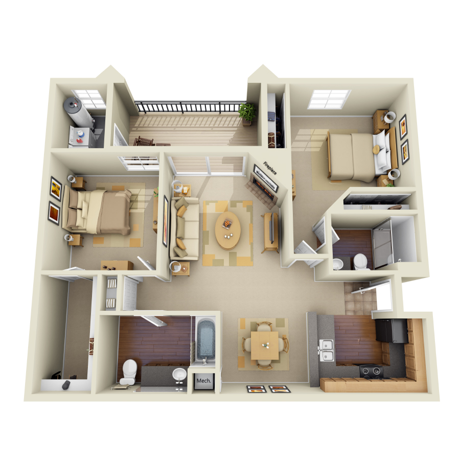Rendering of the B2 floor plan with 2 bedroom[s] and 2 bathroom[s] at IMT Stevenson Ranch