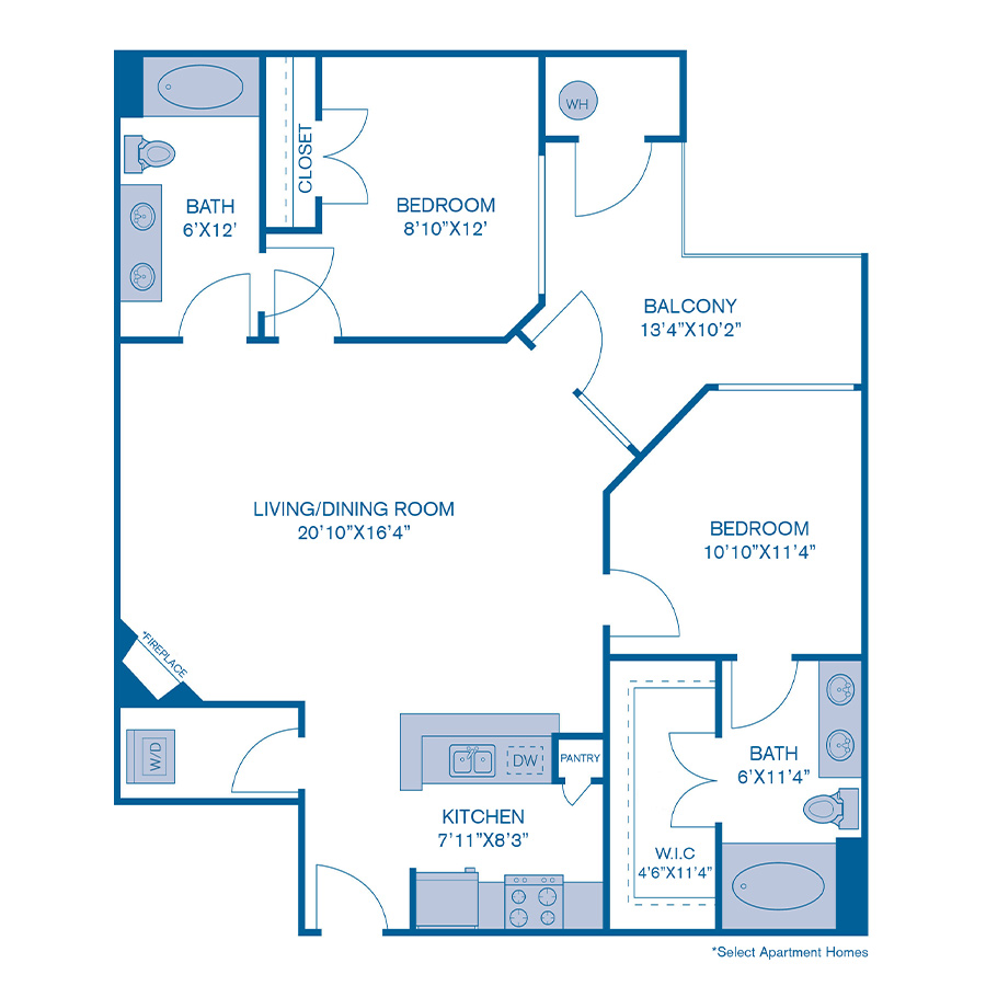Rendering of the B2 floor plan with 2 bedroom[s] and 2 bathroom[s] at IMT at City Park