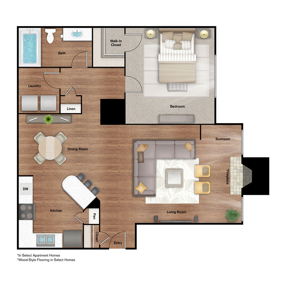 Rendering of the A2 floor plan with 1 bedroom[s] and 1 bathroom[s] at IMT Alpharetta