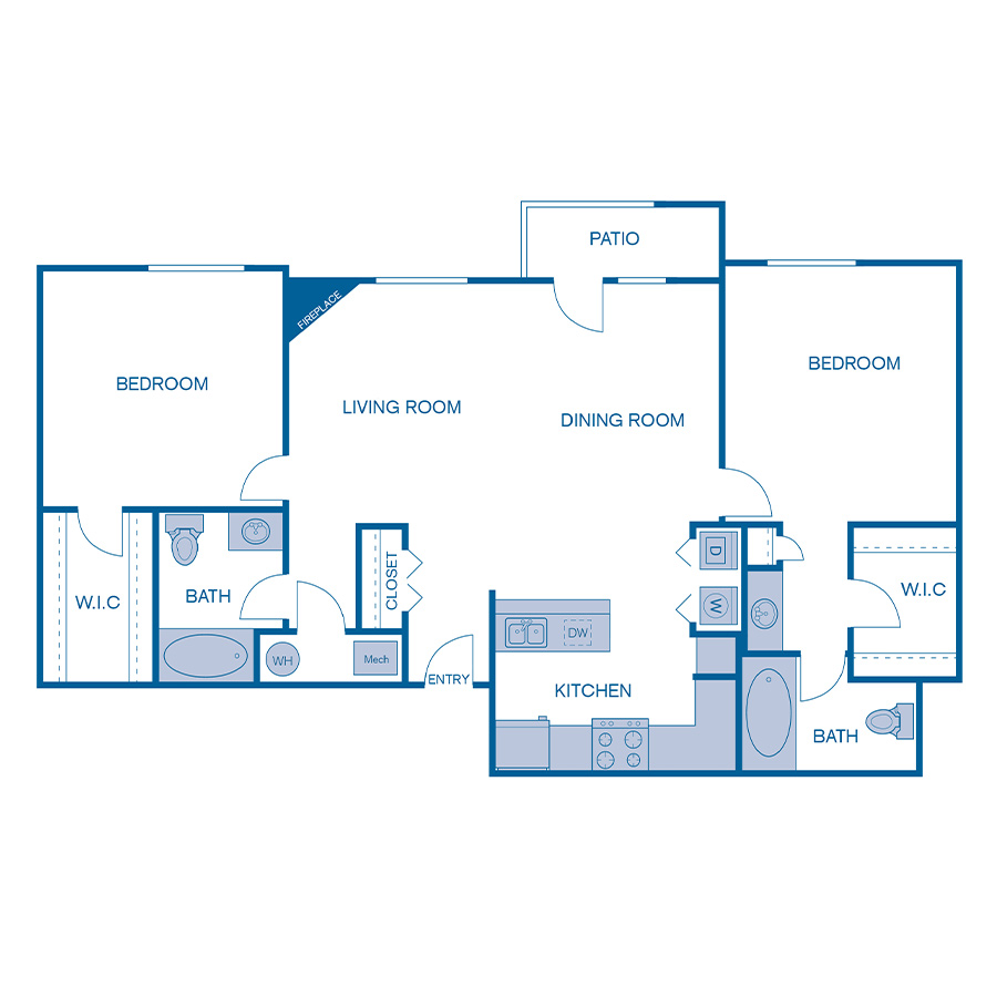 Rendering of the B1e floor plan with 2 bedroom[s] and 2 bathroom[s] at IMT Cherry Creek