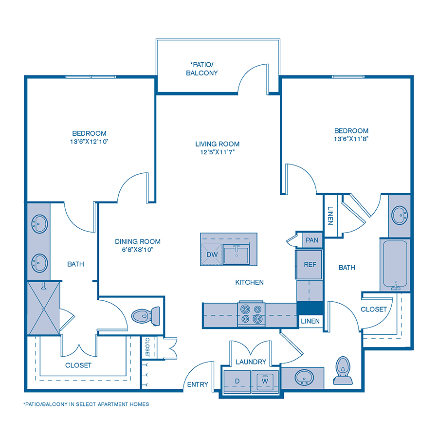 Rendering of the B2 floor plan with 2 bedroom[s] and 2 bathroom[s] at IMT Lake Mary