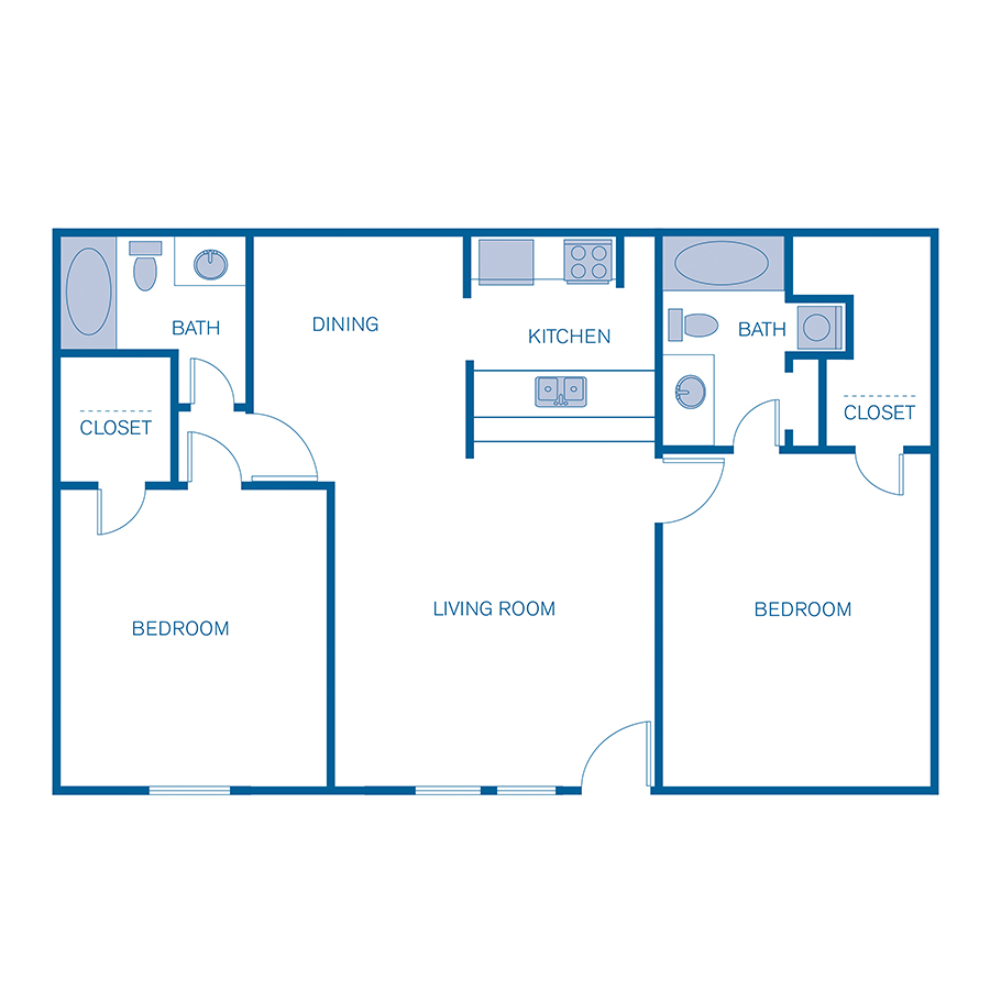 Rendering of the 2A floor plan with 2 bedroom[s] and 2 bathroom[s] at 5401 Chimney Rock