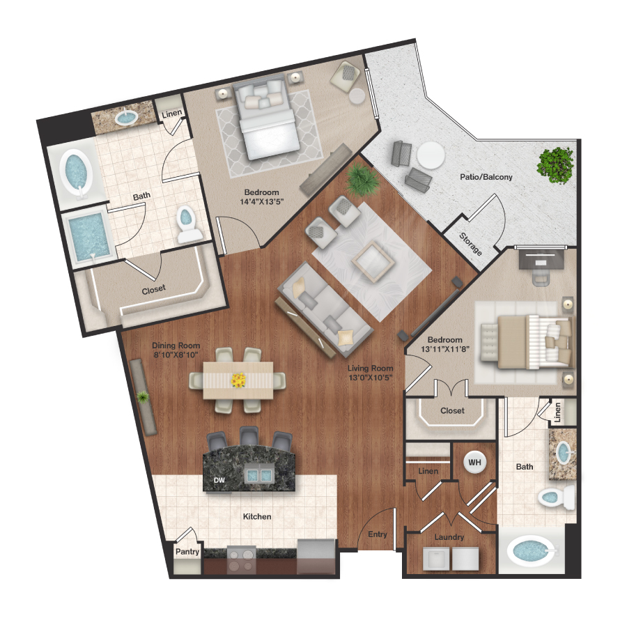 Rendering of the B8 floor plan with 2 bedroom[s] and 2 bathroom[s] at IMT Uptown Post Oak