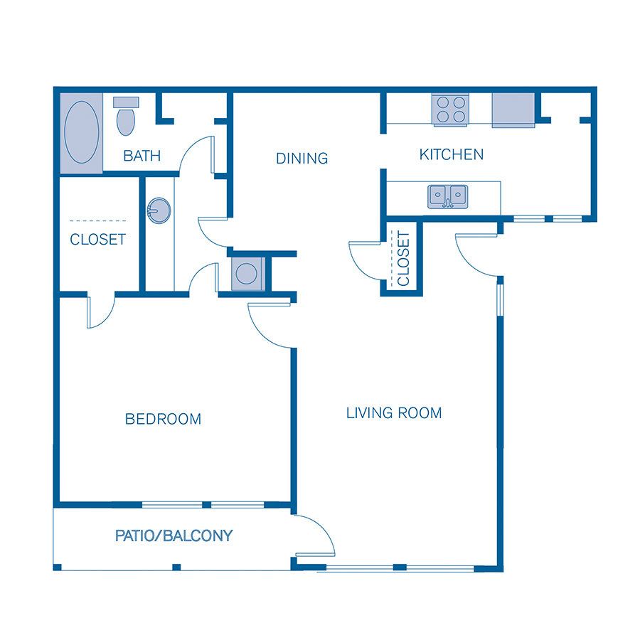 Rendering of the 1C floor plan with 1 bedroom[s] and 1 bathroom[s] at 5401 Chimney Rock