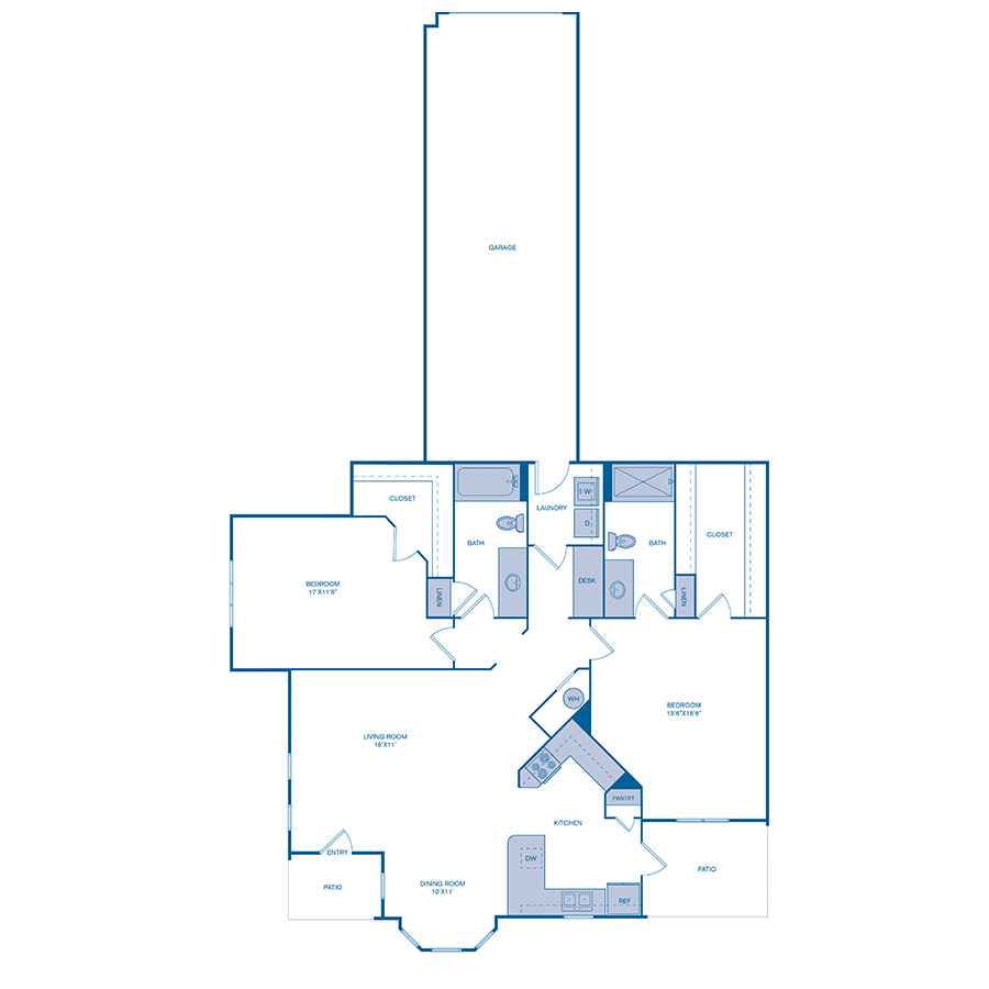 Rendering of the B3 floor plan with 2 bedroom[s] and 2 bathroom[s] at IMT Cinco Ranch
