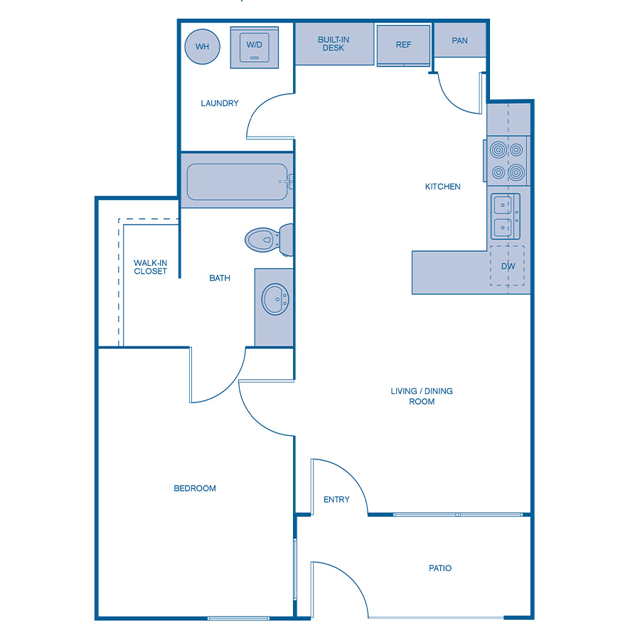 Rendering of the A1 floor plan with 1 bedroom[s] and 1 bathroom[s] at IMT Dayton Station