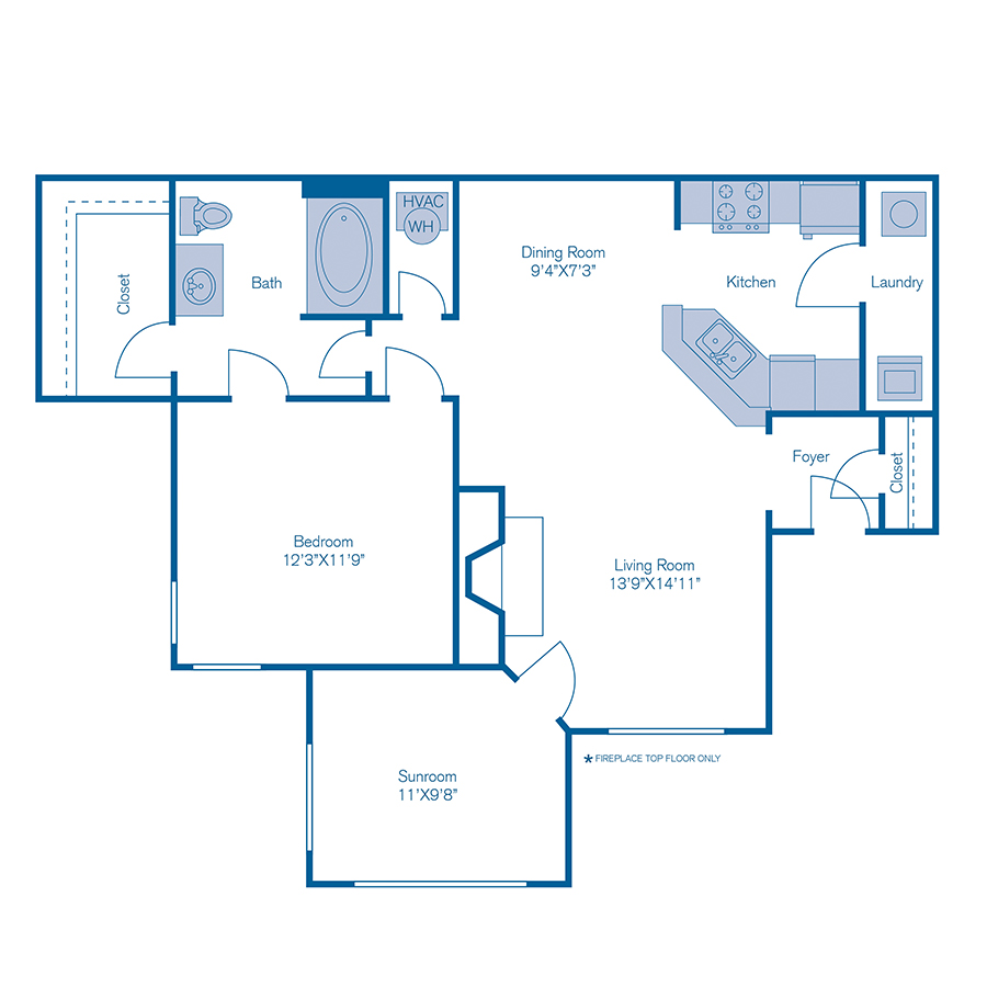 Rendering of the A7 floor plan with 1 bedroom[s] and 1 bathroom[s] at IMT Deerfield