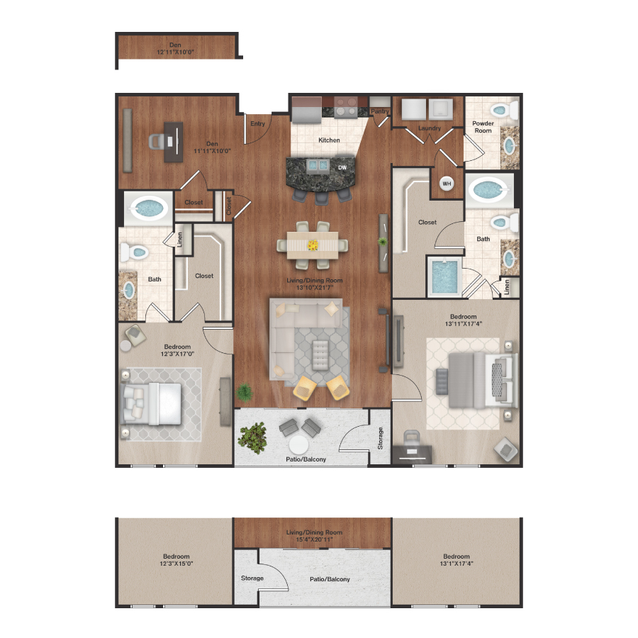 Rendering of the B16 floor plan with 2 bedroom[s] and 2 bathroom[s] at IMT Uptown Post Oak