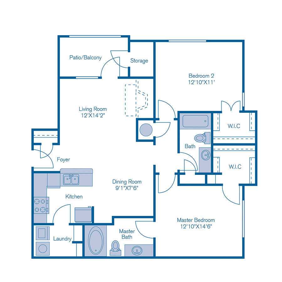 Rendering of the B1 floor plan with 2 bedroom[s] and 2 bathroom[s] at IMT Deerfield