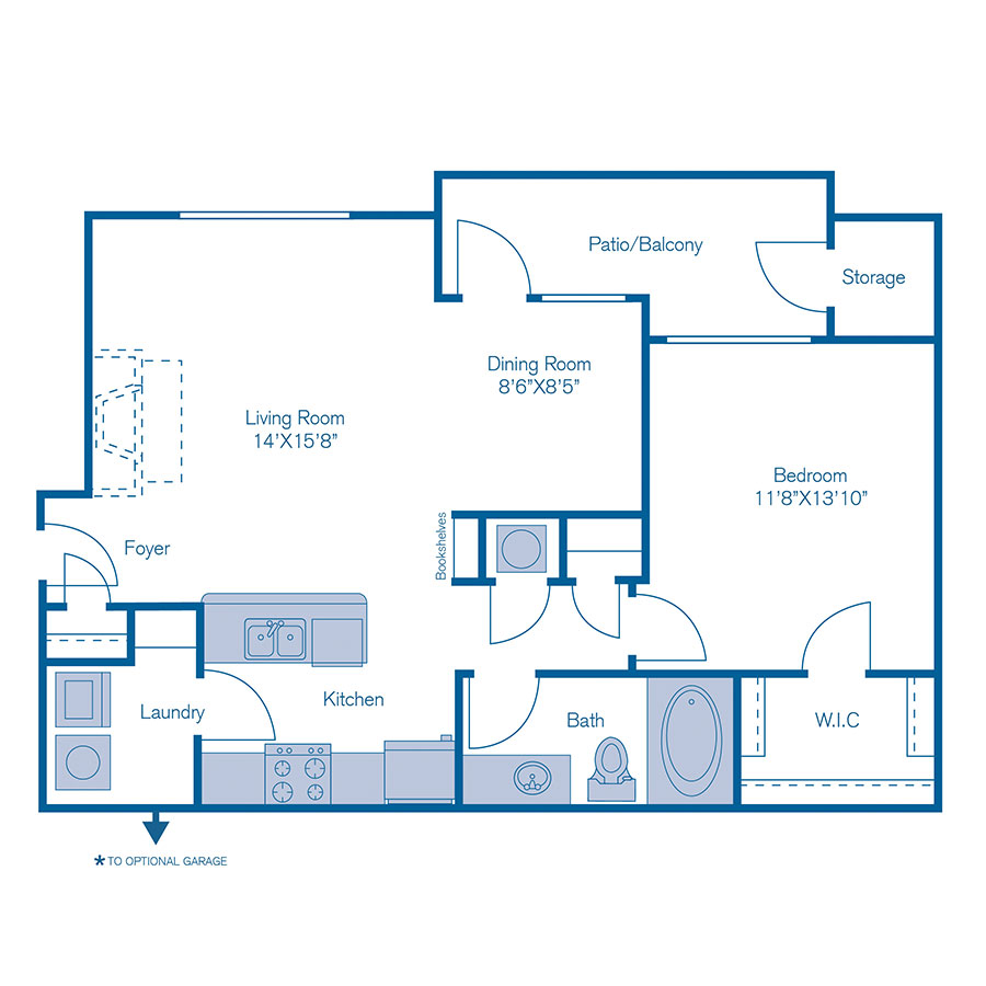 Rendering of the A4 floor plan with 1 bedroom[s] and 1 bathroom[s] at IMT Deerfield