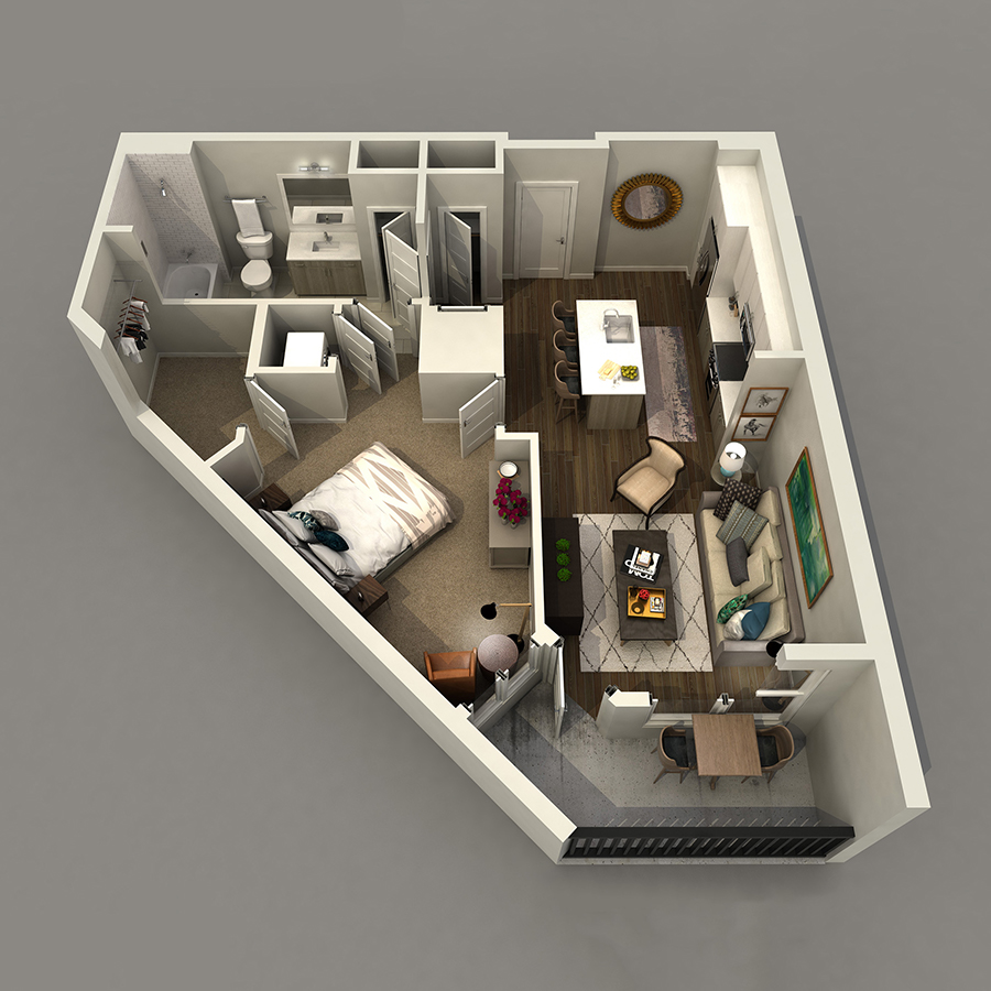 Rendering of the A3 floor plan with 1 bedroom[s] and 1 bathroom[s] at IMT 8 South