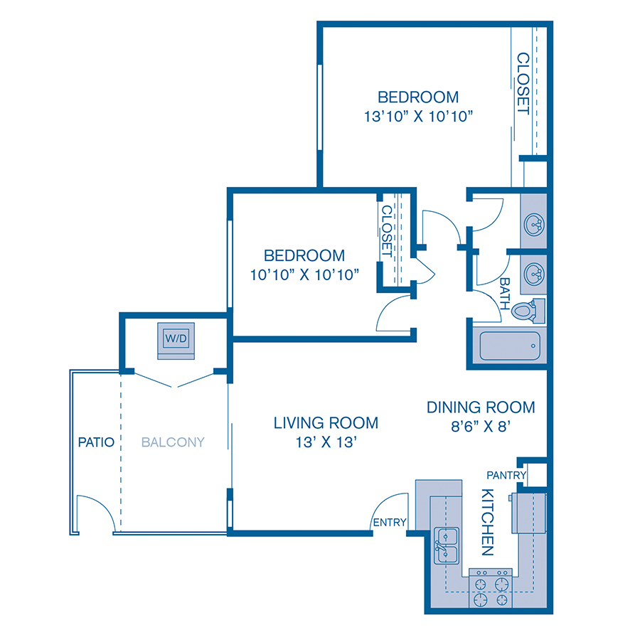Rendering of the B1 floor plan with 2 bedroom[s] and 1 bathroom[s] at IMT Sorrento Valley