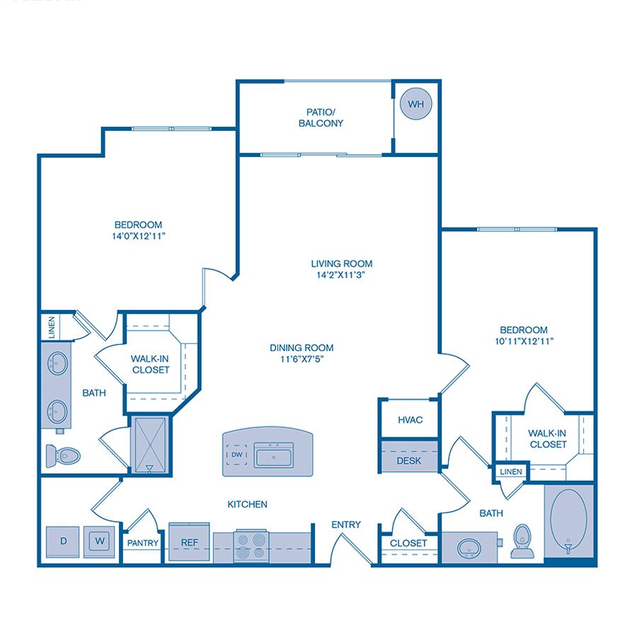 Rendering of the B2 floor plan with 2 bedroom[s] and 2 bathroom[s] at IMT at RidgeGate