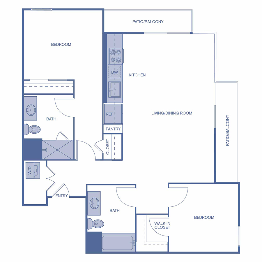 Rendering of the B2 floor plan with 2 bedroom[s] and 2 bathroom[s] at Citrus Commons