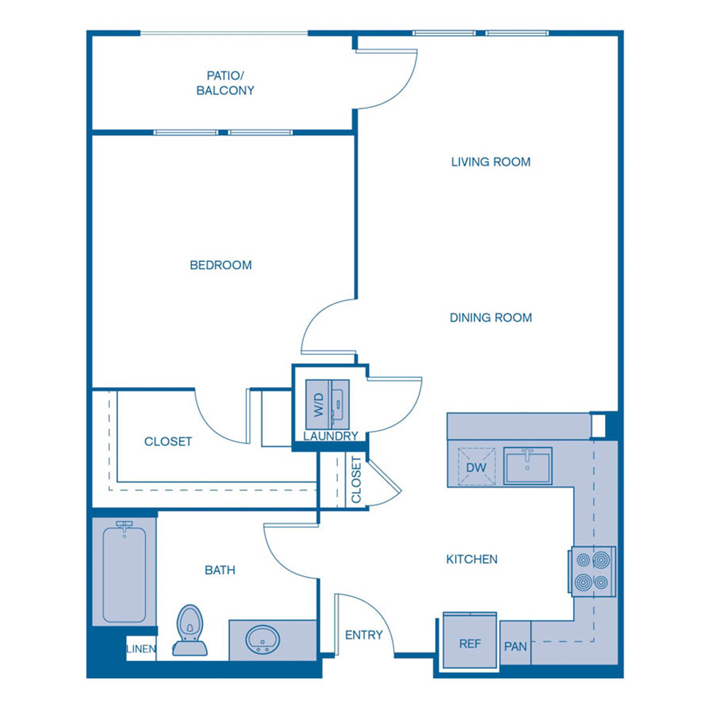 Rendering of the A1 floor plan with 1 bedroom[s] and 1 bathroom[s] at IMT Laguna Niguel