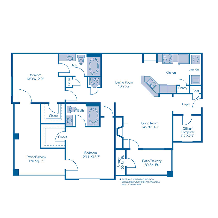 Rendering of the B4 floor plan with 2 bedroom[s] and 2 bathroom[s] at IMT Deerfield
