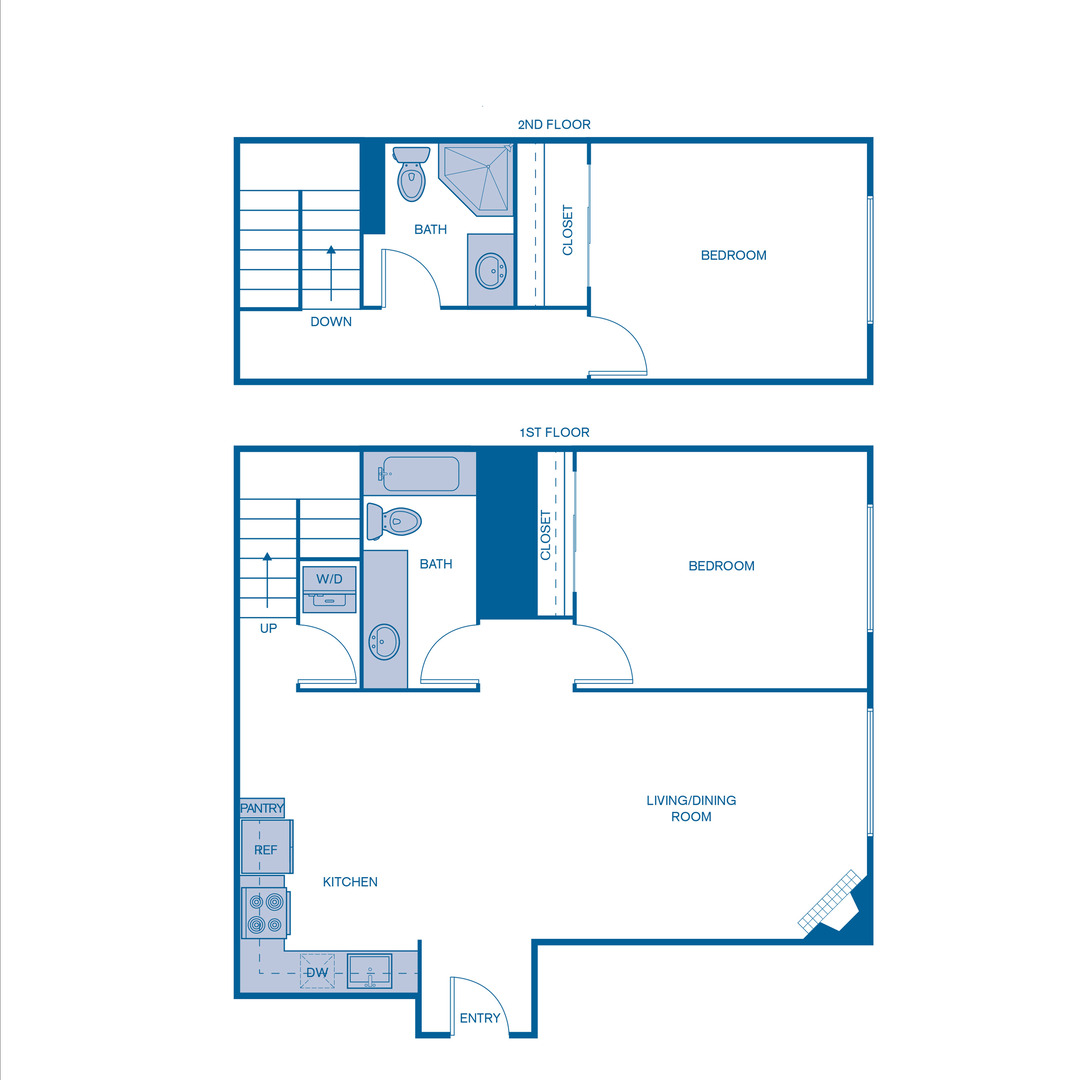 Rendering of the B1TH floor plan with 2 bedroom[s] and 2 bathroom[s] at IMT Hoffman