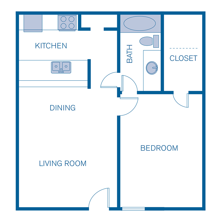 Rendering of the 1A floor plan with 1 bedroom[s] and 1 bathroom[s] at Pavilion Place (IMT)