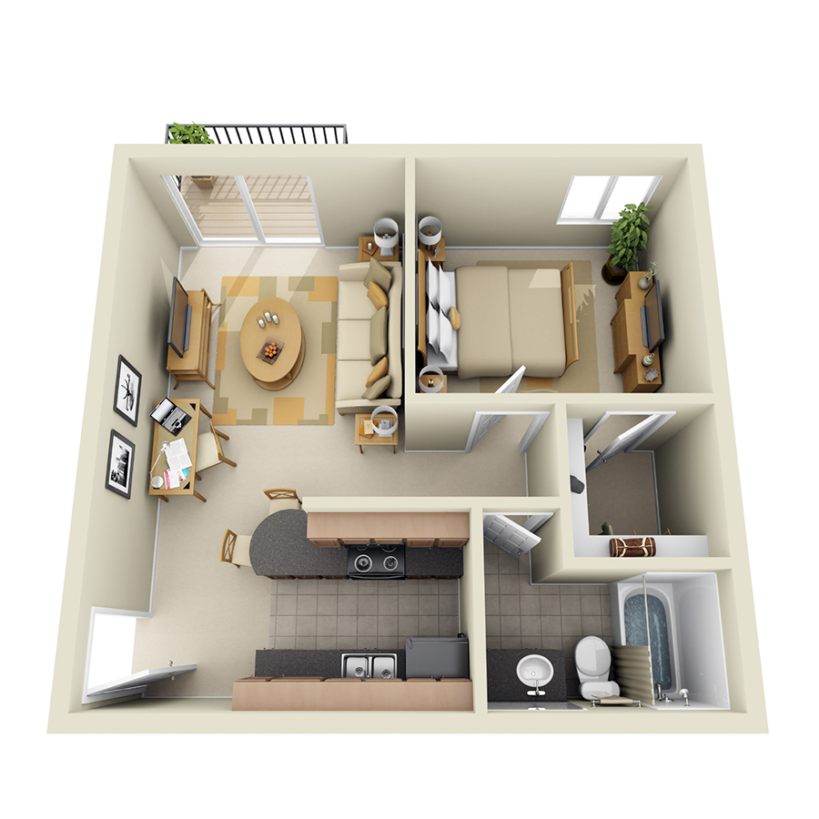 Rendering of the A2 floor plan with 1 bedroom[s] and 1 bathroom[s] at IMT Pleasant Hill