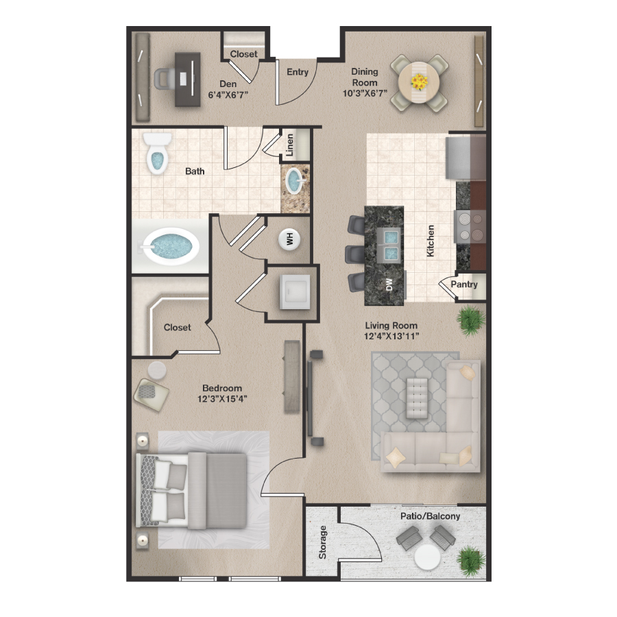 Rendering of the A4 floor plan with 1 bedroom[s] and 1 bathroom[s] at IMT Uptown Post Oak