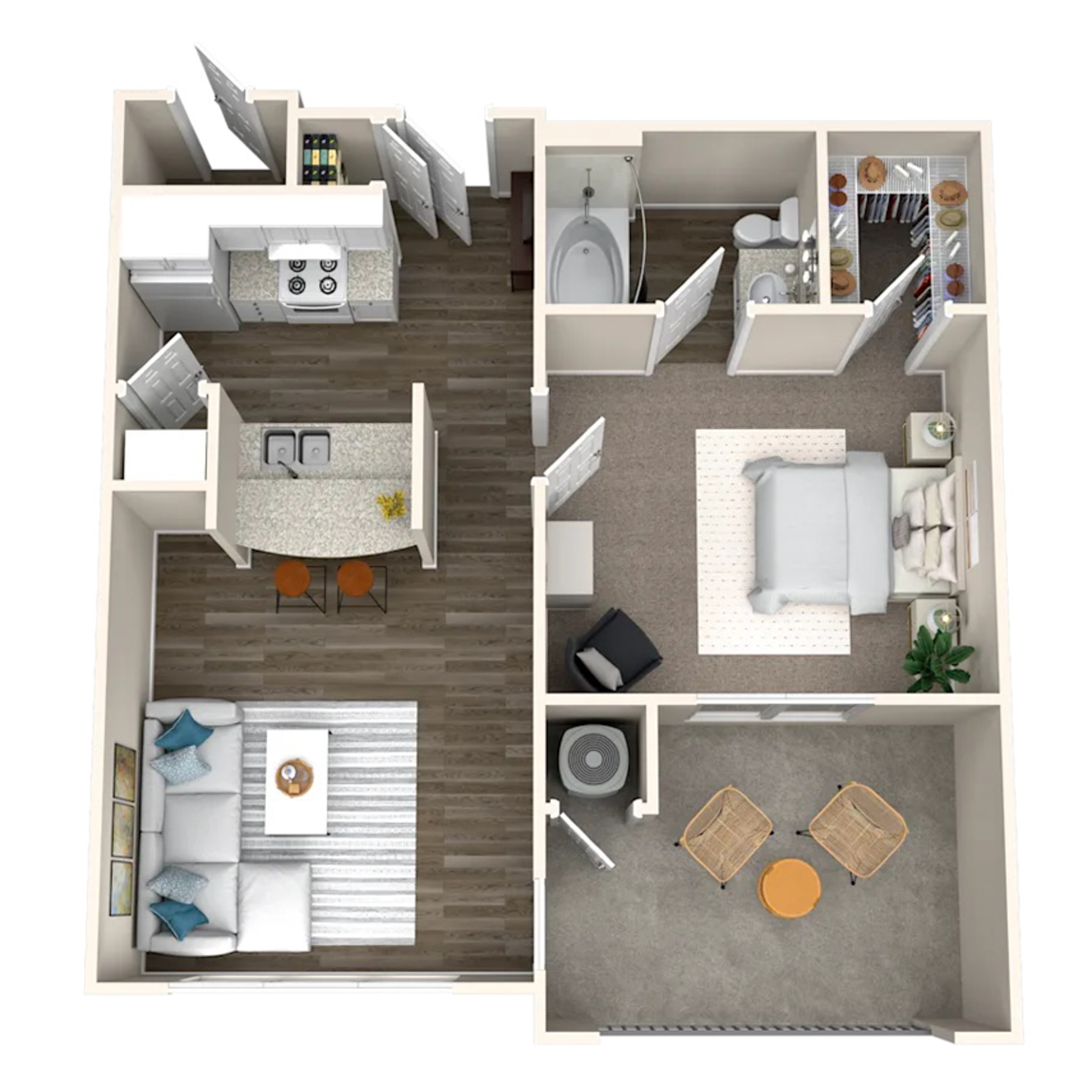Rendering of the A2 floor plan with 1 bedroom[s] and 1 bathroom[s] at IMT Deerfield