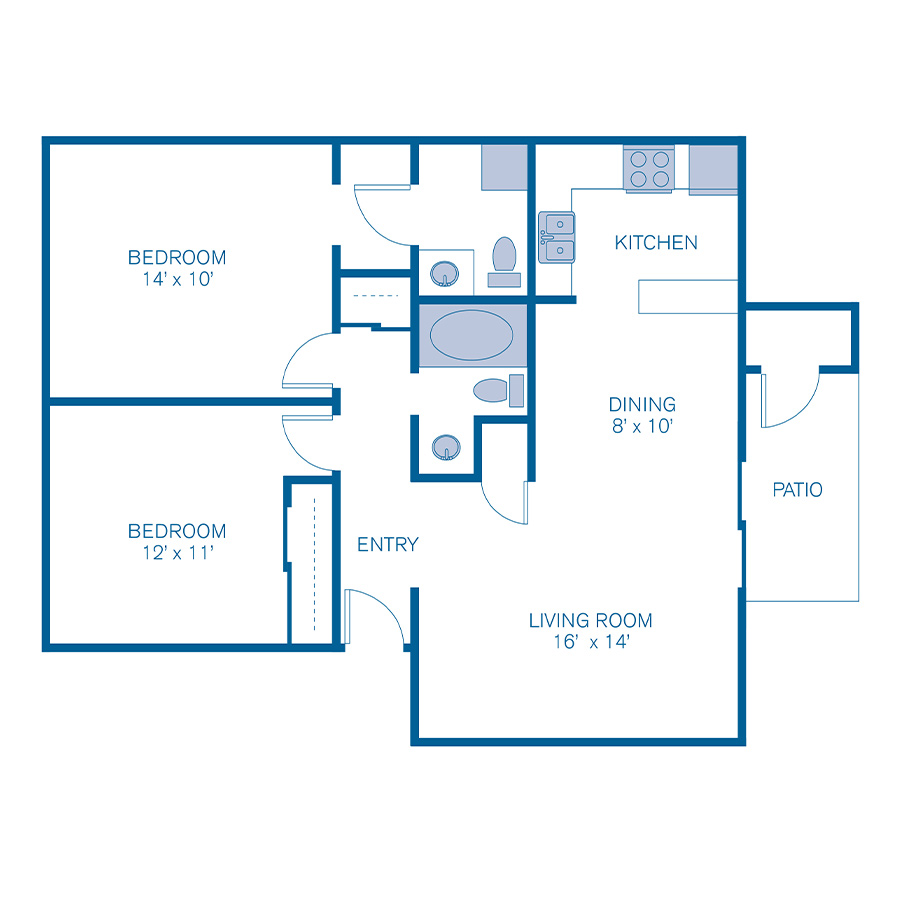 Rendering of the 2B floor plan with 2 bedroom[s] and 2 bathroom[s] at IMT Desert Palm Village