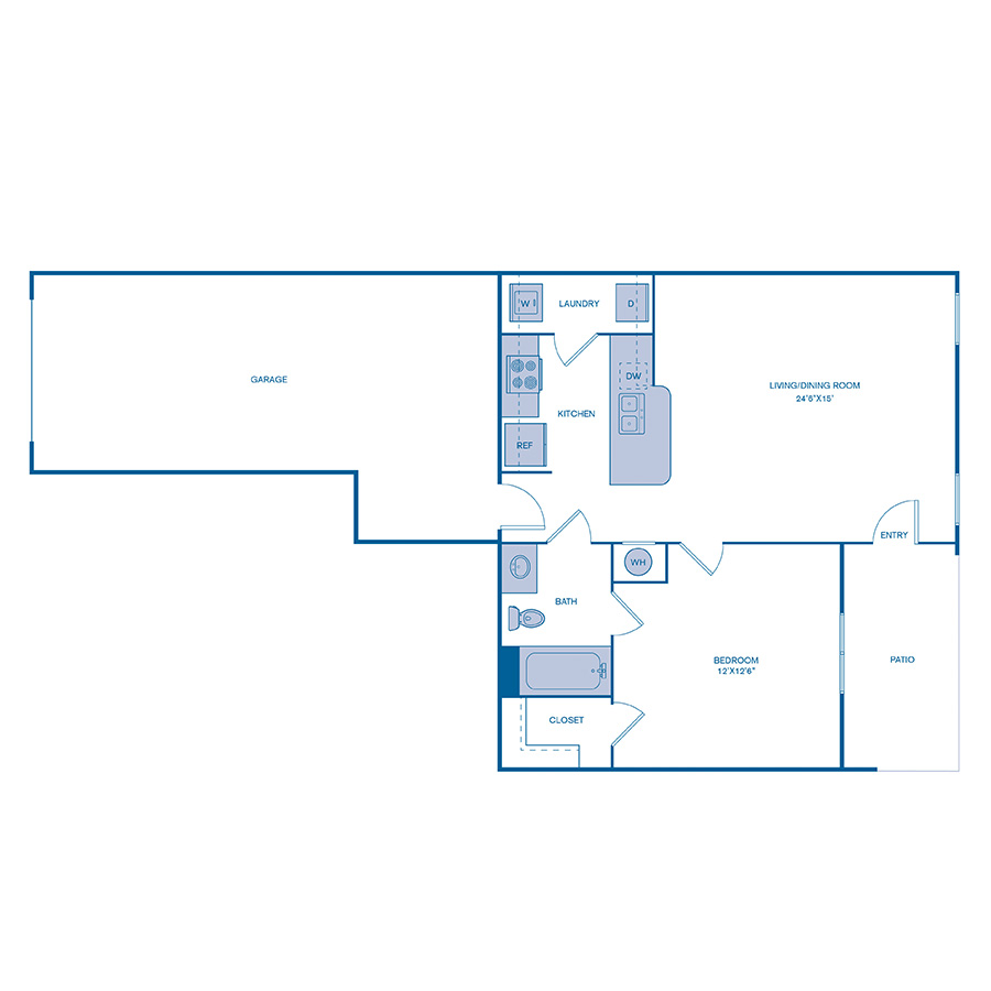 Rendering of the A1 floor plan with 1 bedroom[s] and 1 bathroom[s] at IMT Cinco Ranch
