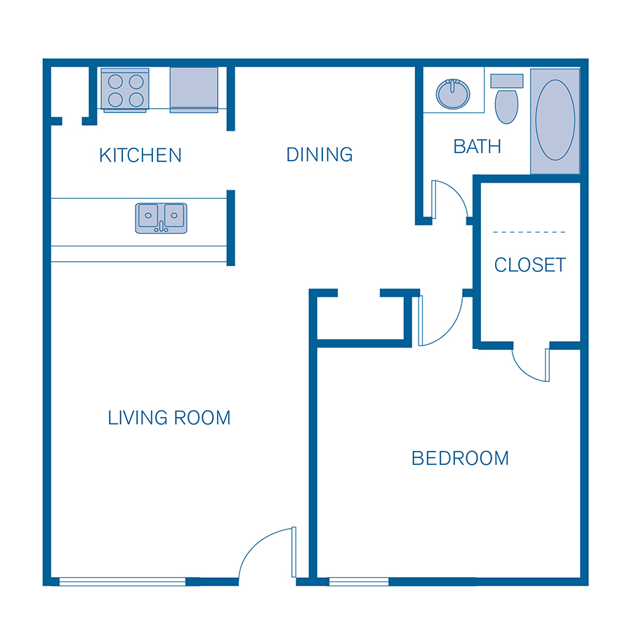 Rendering of the 1B floor plan with 1 bedroom[s] and 1 bathroom[s] at Pavilion Place (IMT)